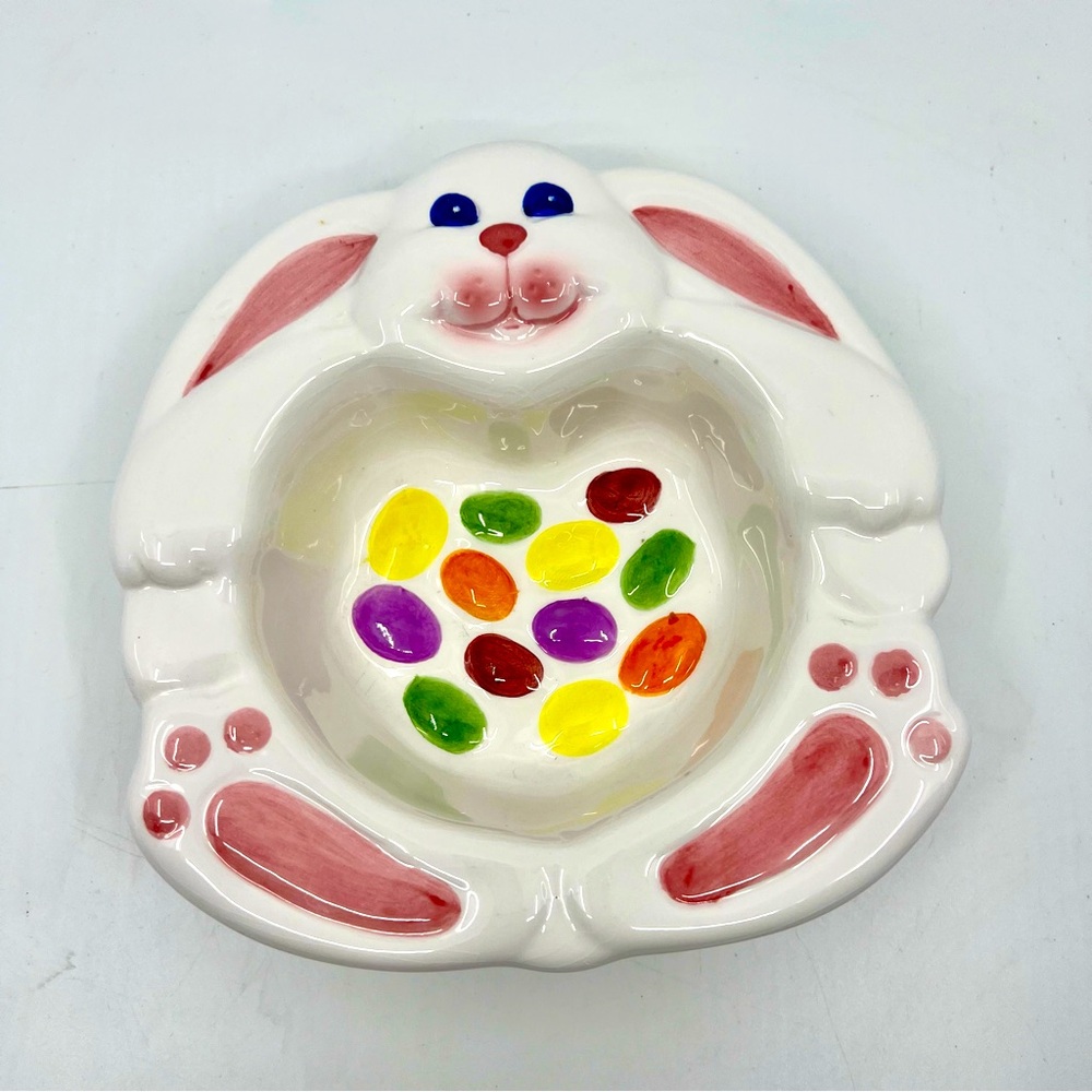 VTG GiftCo Inc 80’s Happy Face Bunny Rabbit Jelly Bean Easter Candy Dish Ceramic